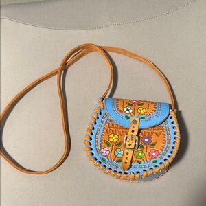 Tooled Leather Floral Crossbody Bag in Tan and Blue EUC
